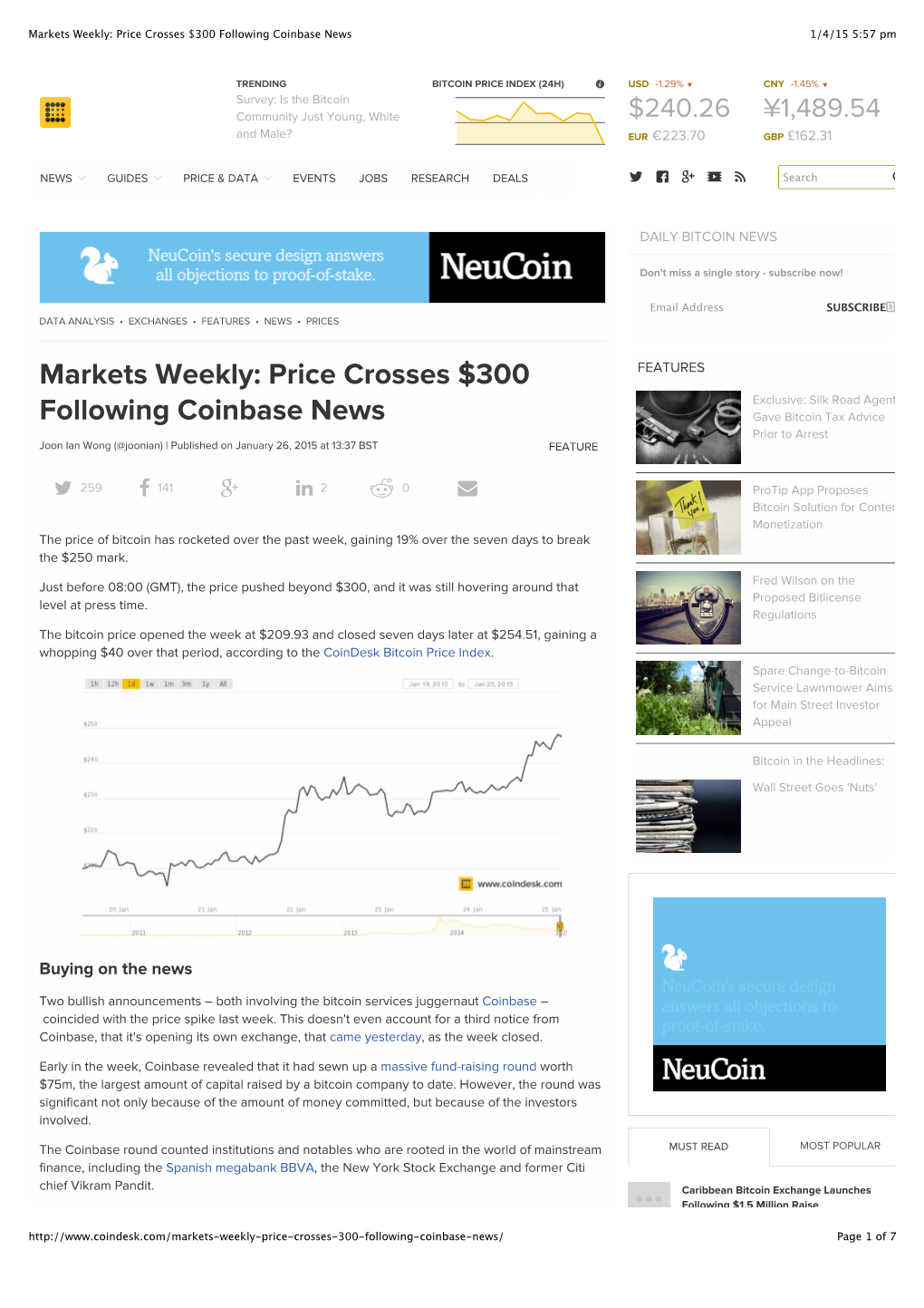 Markets Weekly: Price Crosses $300 Following Coinbase News 1/4/15 5:57 Pm