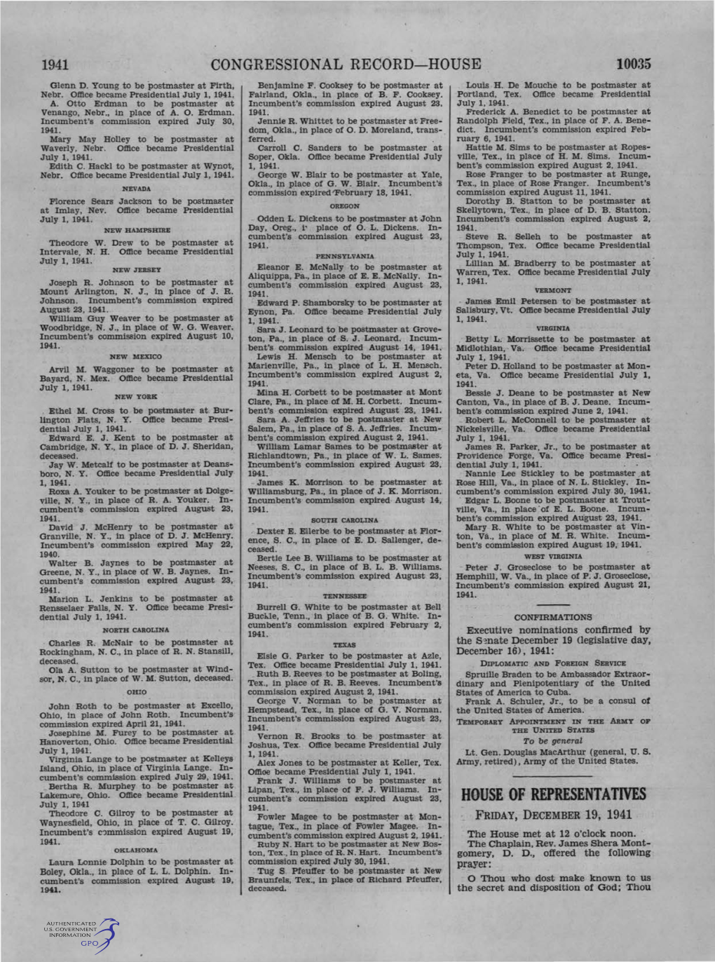 HOUSE of REPRESENTATIVES July 1, 1941 1941