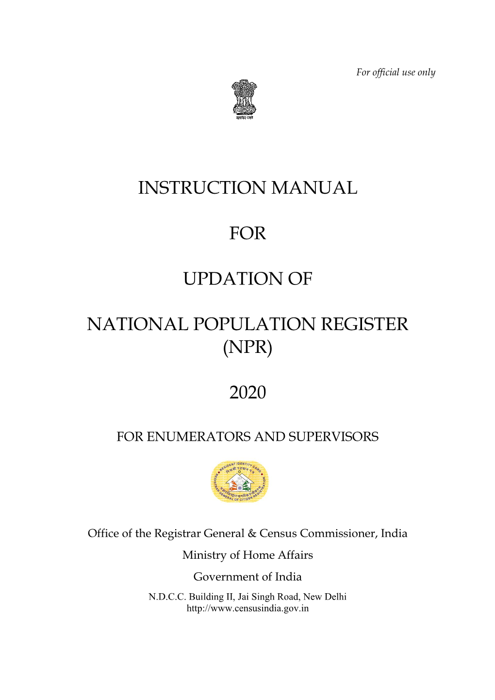 Instruction Manual for Updation of National Population Register (Npr) 2020