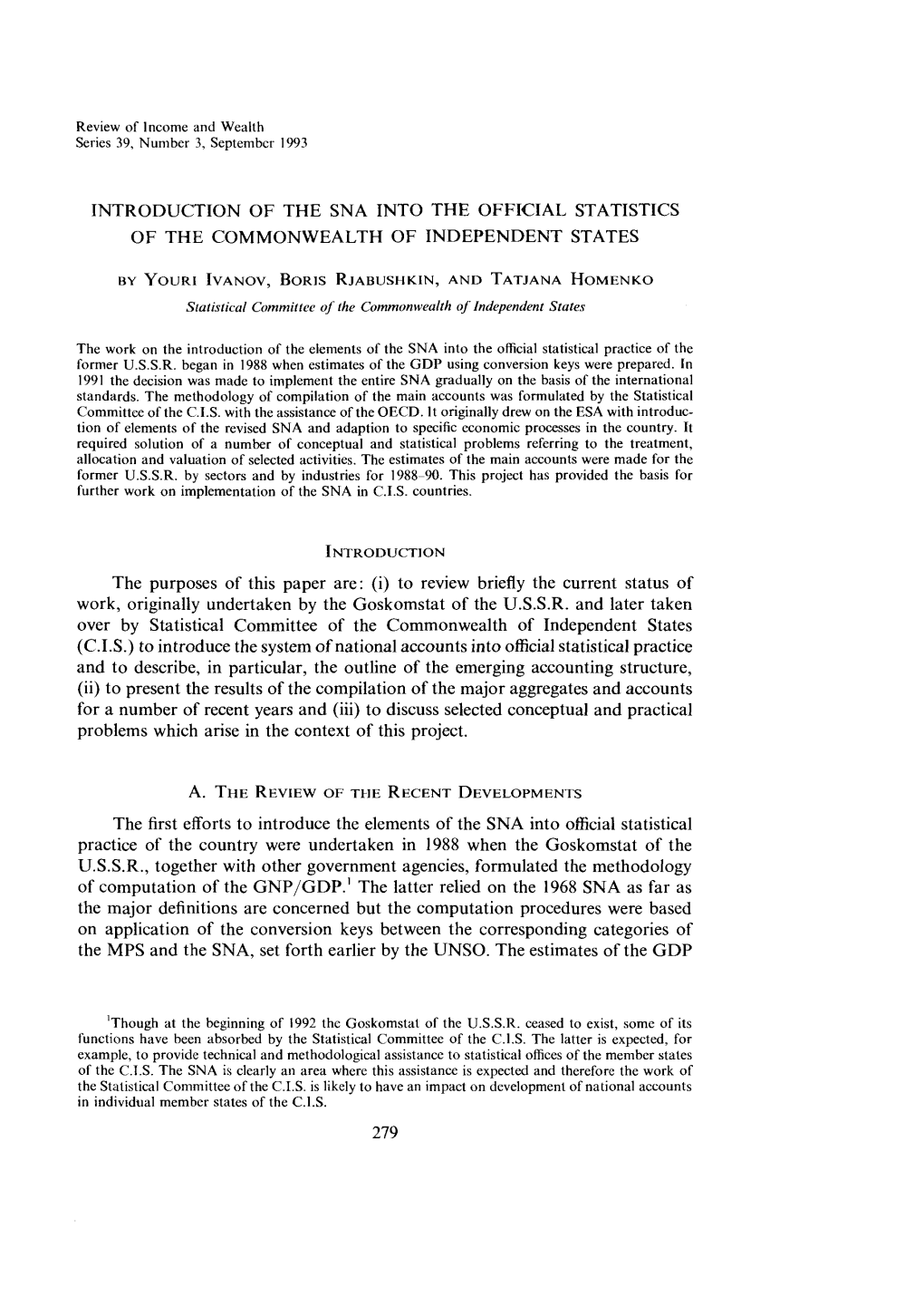 Introduction of the Sna Into the Official Statistics of the Commonwealth of Independent States