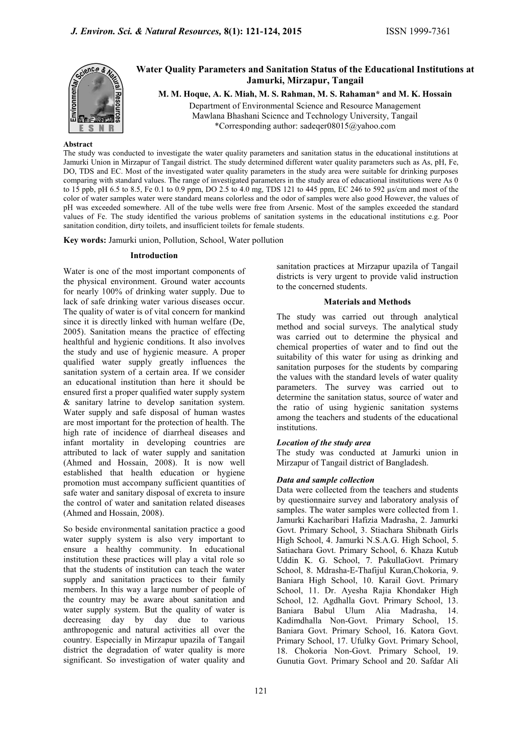 121-124, 2015 ISSN 1999-7361 Water Quality Parameters and Sanitation