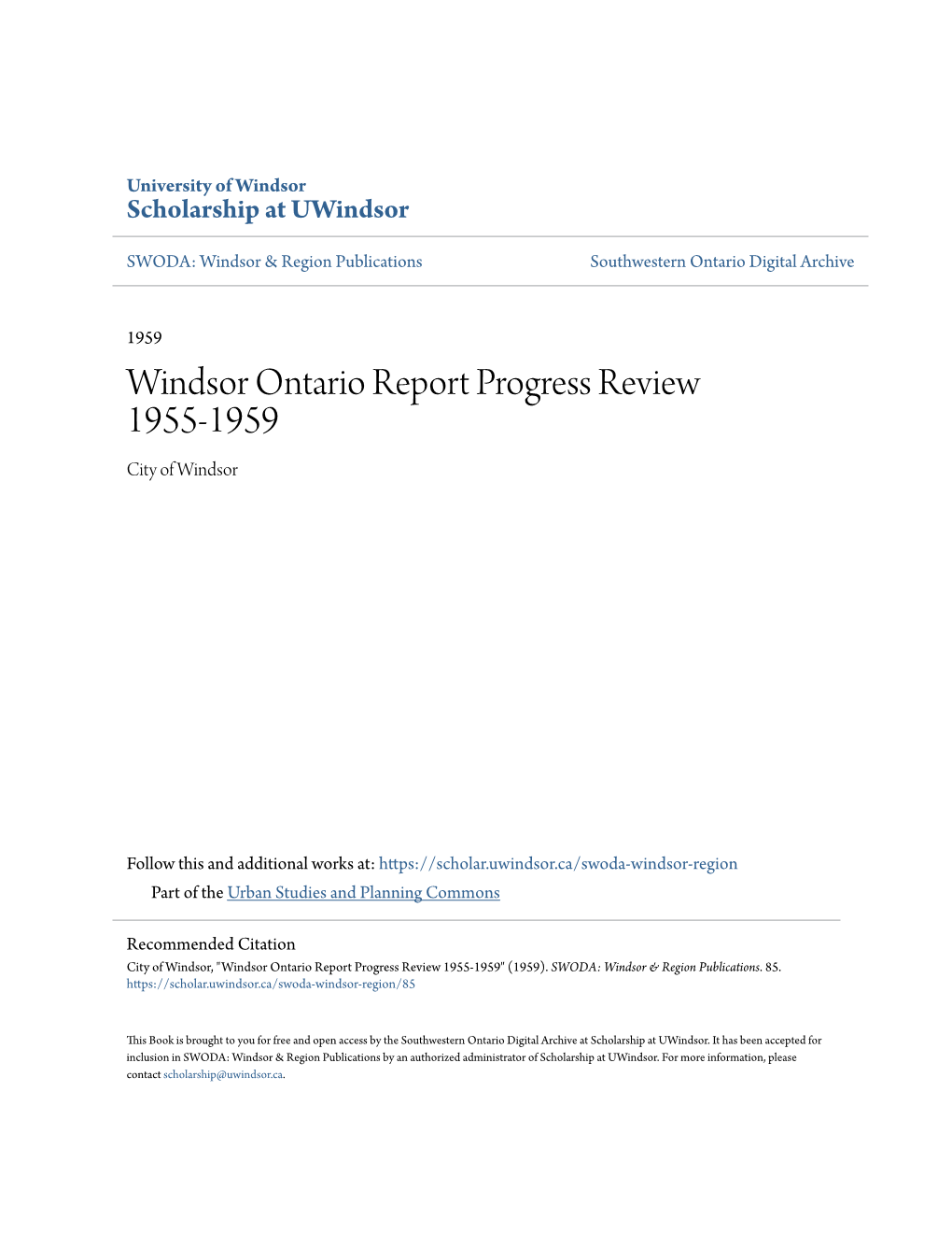 Windsor Ontario Report Progress Review 1955-1959 City of Windsor