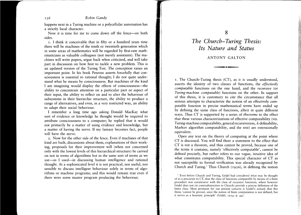 G the Church-Turing Thesis: Its Nature and Status