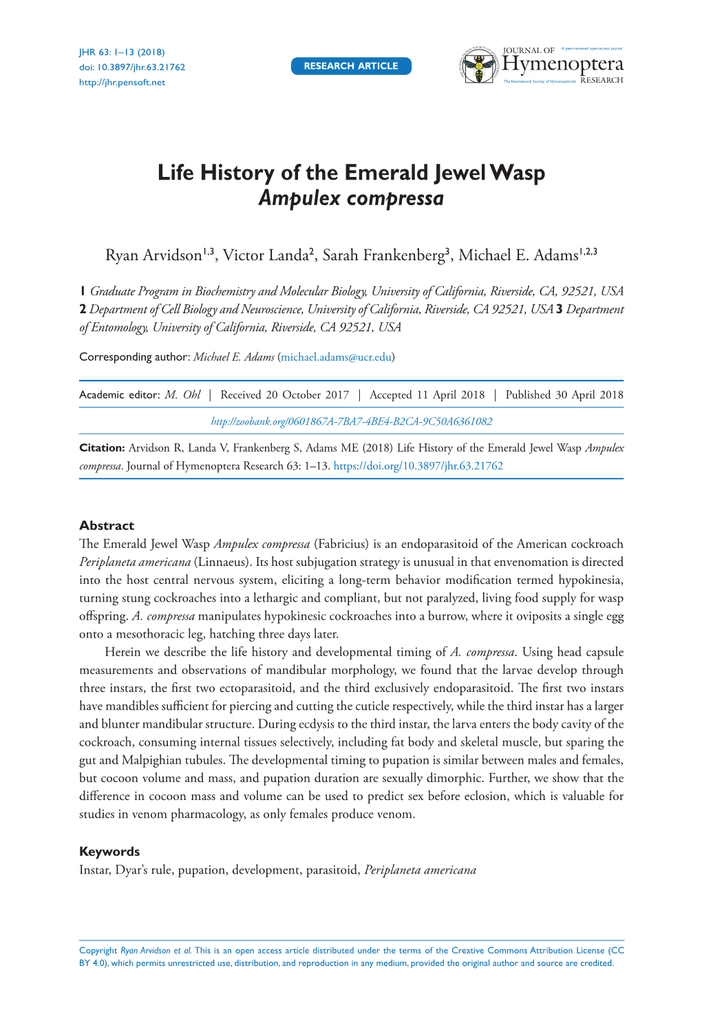 ﻿Life History of the Emerald Jewel Wasp Ampulex Compressa