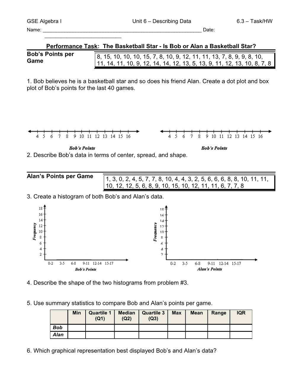 Performance Task: the Basketball Star - Is Bob Or Alan a Basketball Star?