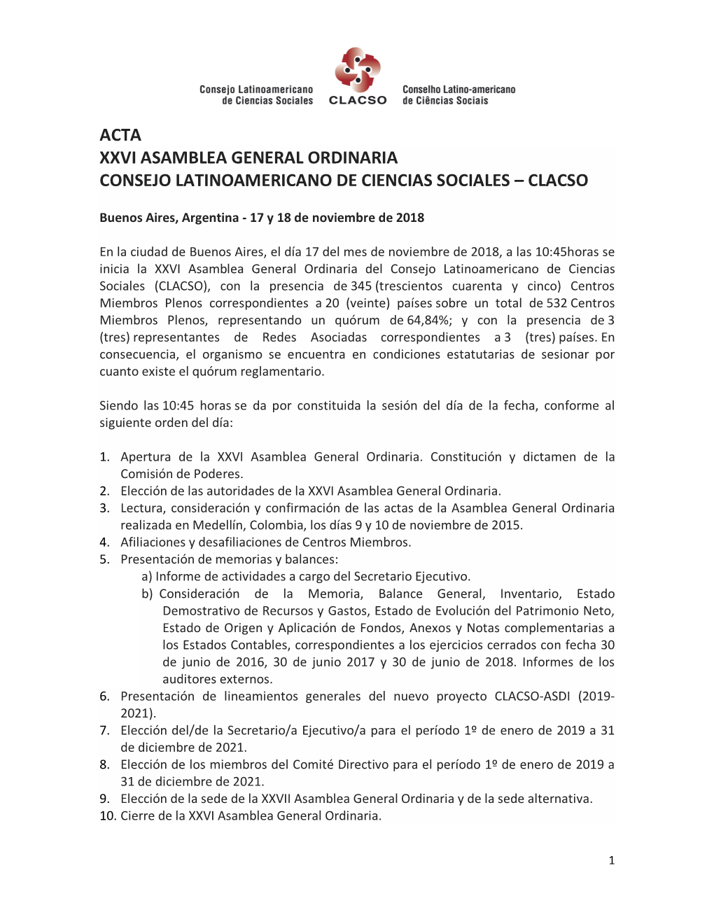 Acta Xxvi Asamblea General Ordinaria Consejo Latinoamericano De Ciencias Sociales – Clacso