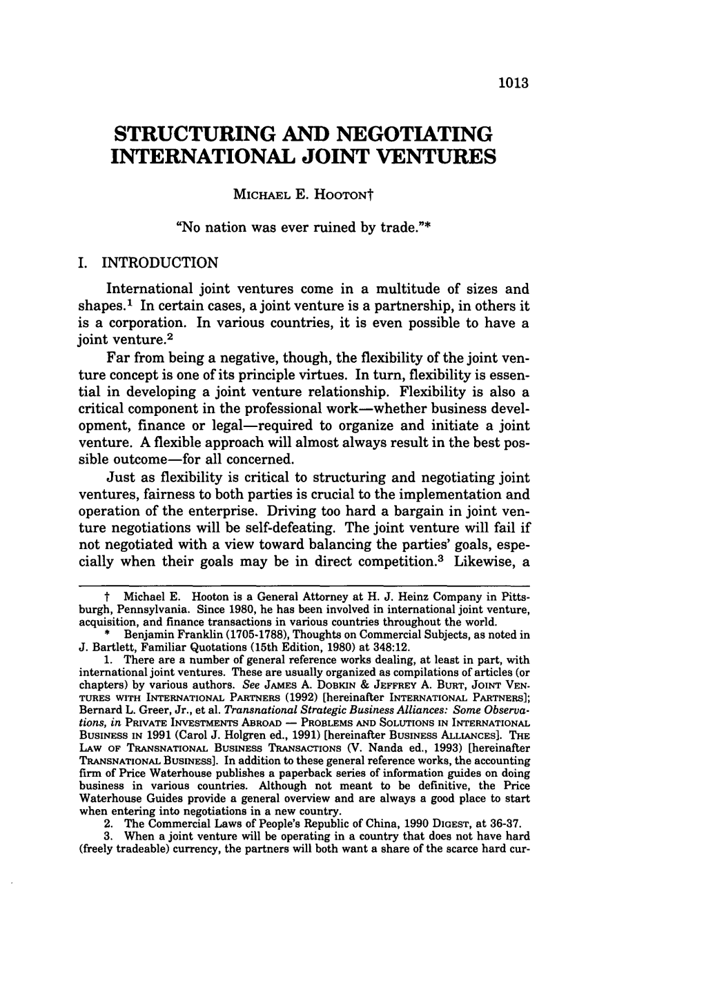 Structuring and Negotiating International Joint Ventures