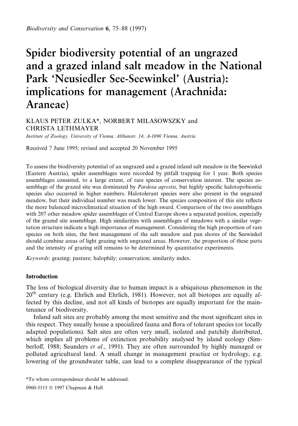 Spider Biodiversity Potential of an Ungrazed and a Grazed Inland Salt