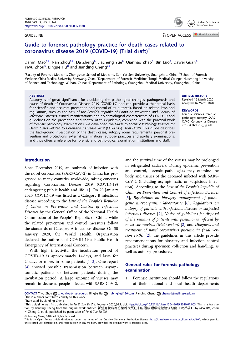 Guide to Forensic Pathology Practice for Death Cases Related to Coronavirus Disease 2019 (COVID-19) (Trial Draft)‡