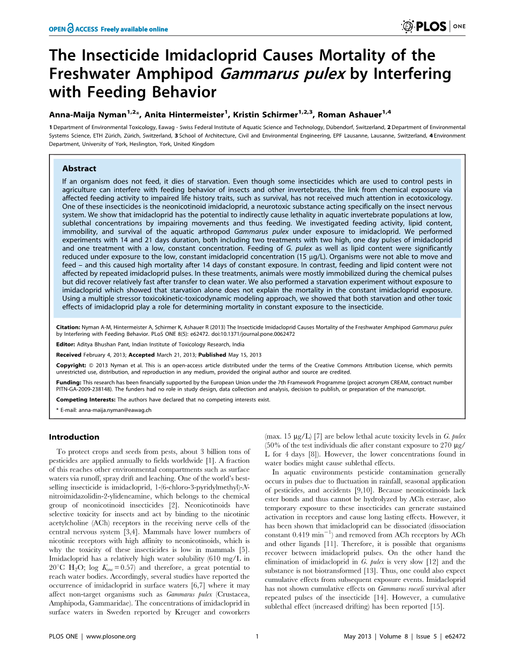 The Insecticide Imidacloprid Causes Mortality of the Freshwater Amphipod Gammarus Pulex by Interfering with Feeding Behavior