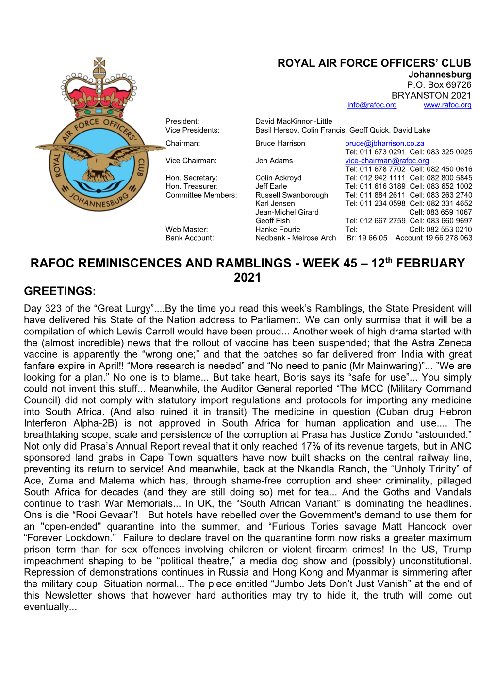 RAFOC REMINISCENCES and RAMBLINGS - WEEK 45 – 12Th FEBRUARY 2021 GREETINGS