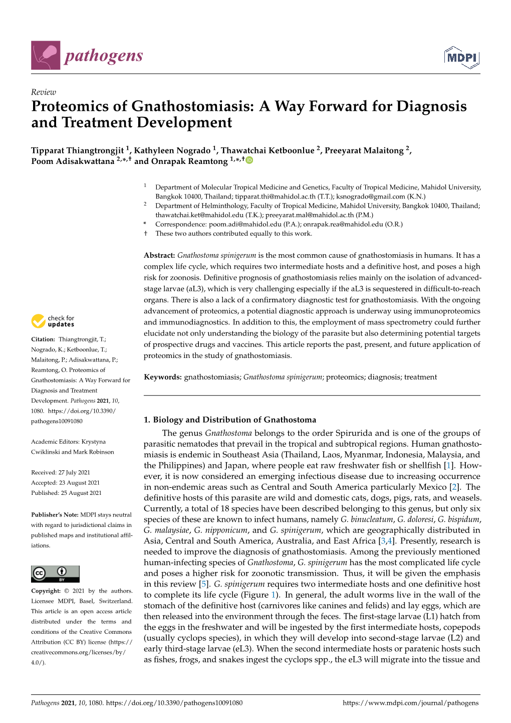 Proteomics of Gnathostomiasis: a Way Forward for Diagnosis and Treatment Development