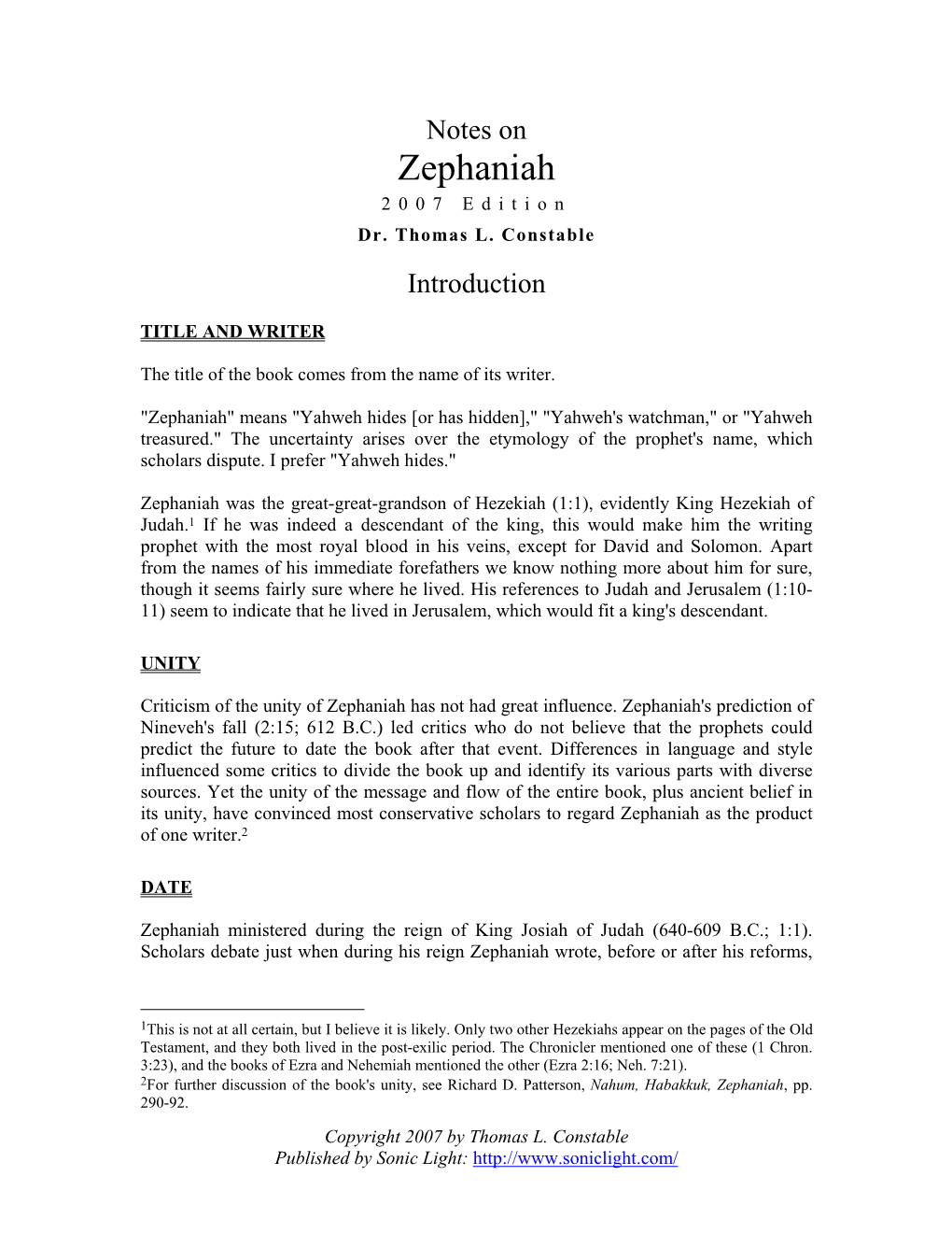 Notes on Zephaniah 2007 Edition Dr