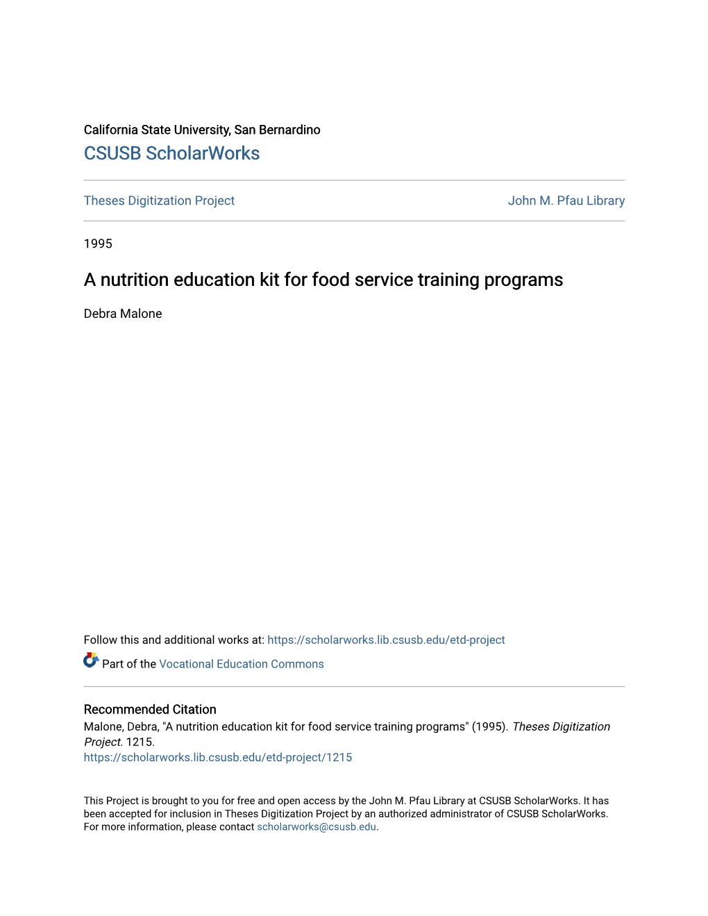 A Nutrition Education Kit for Food Service Training Programs