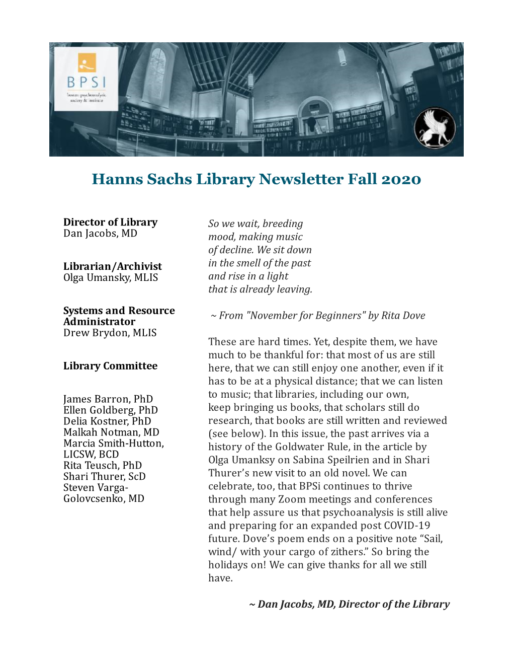 Hanns Sachs Library Newsletter Fall 2020