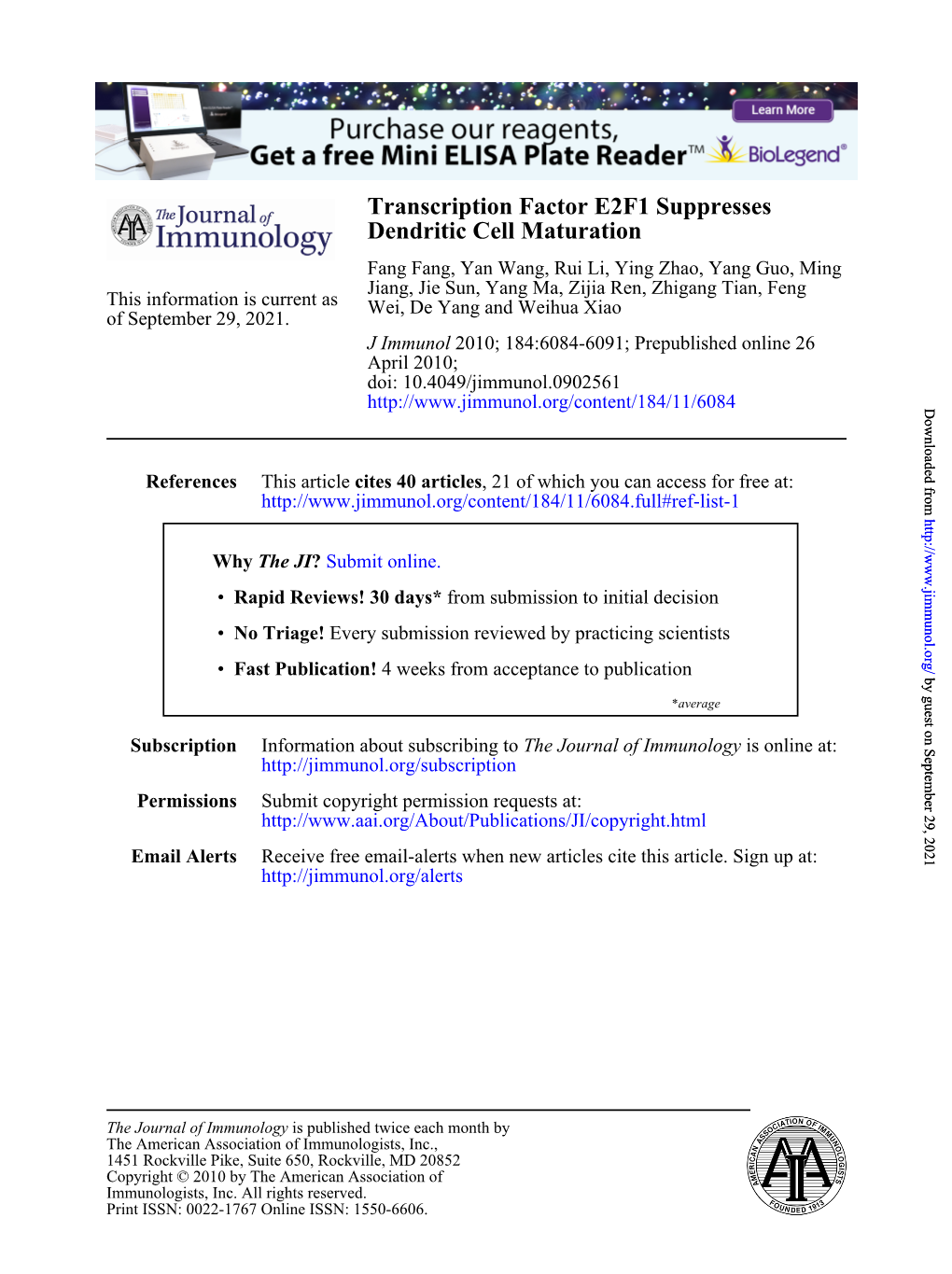 Dendritic Cell Maturation Transcription Factor E2F1 Suppresses