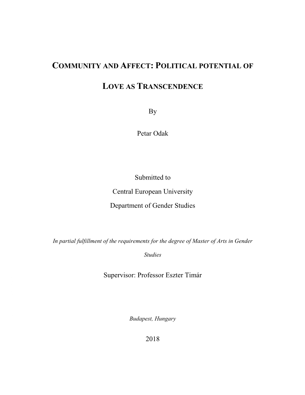 Community and Affect: Political Potential of Love As Transcendence