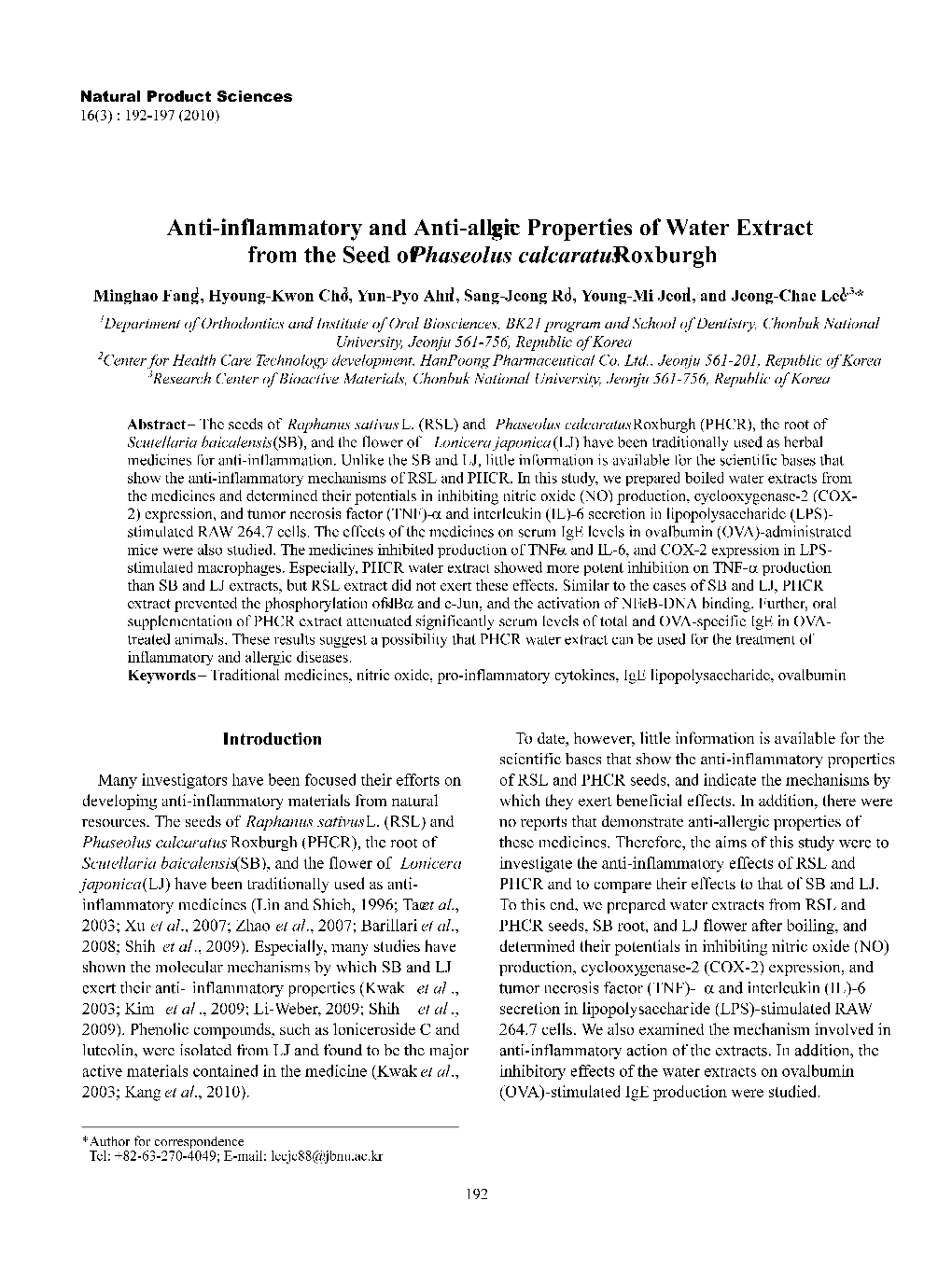 Anti-Inflammatory and Anti-Allergic Properties of Water Extract from the Seed of Phaseolus Calcaratus Roxburgh