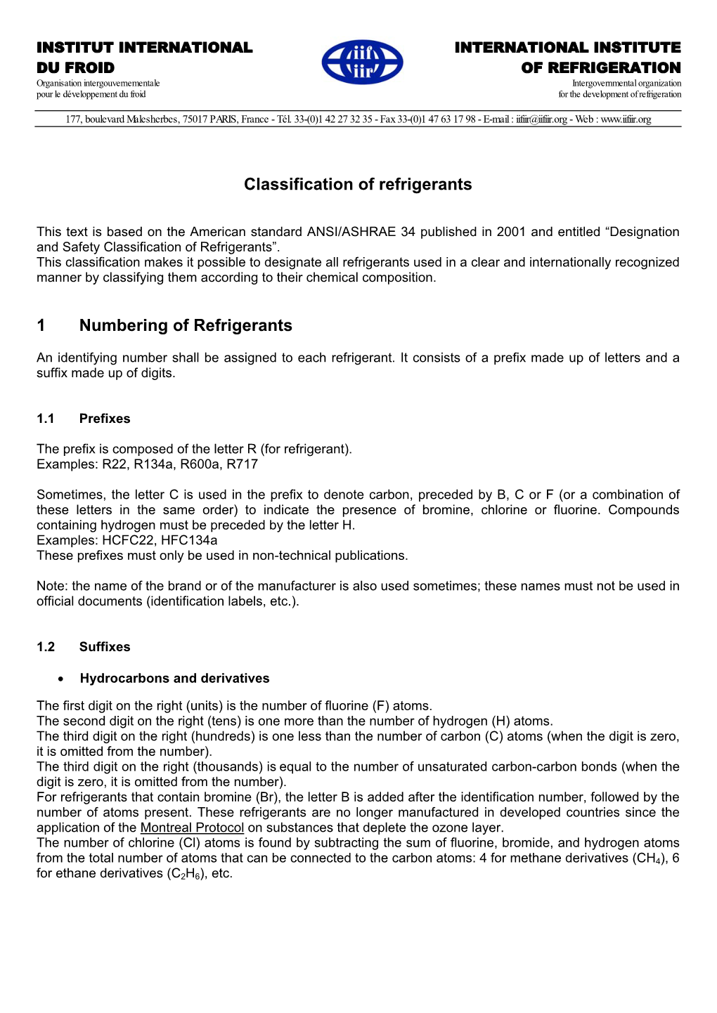 Classification of Refrigerants