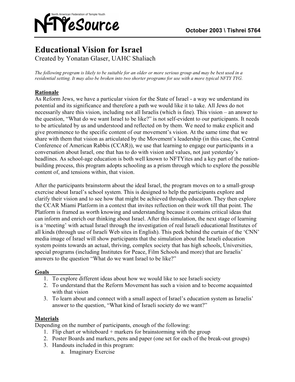 Educational Vision for Israel Created by Yonatan Glaser, UAHC Shaliach