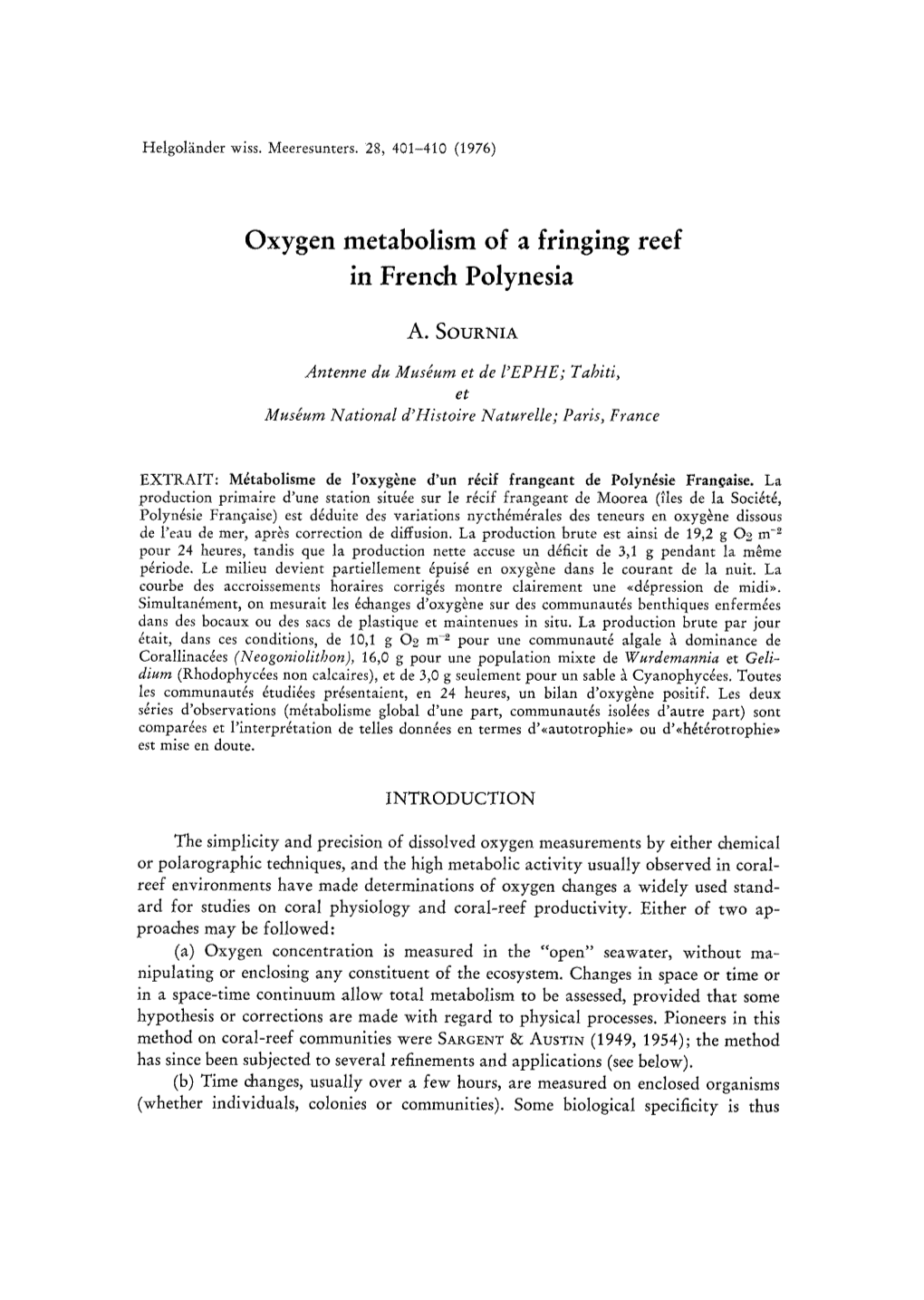 Oxygen Metabolism of a Fringing Reef in French Polynesia