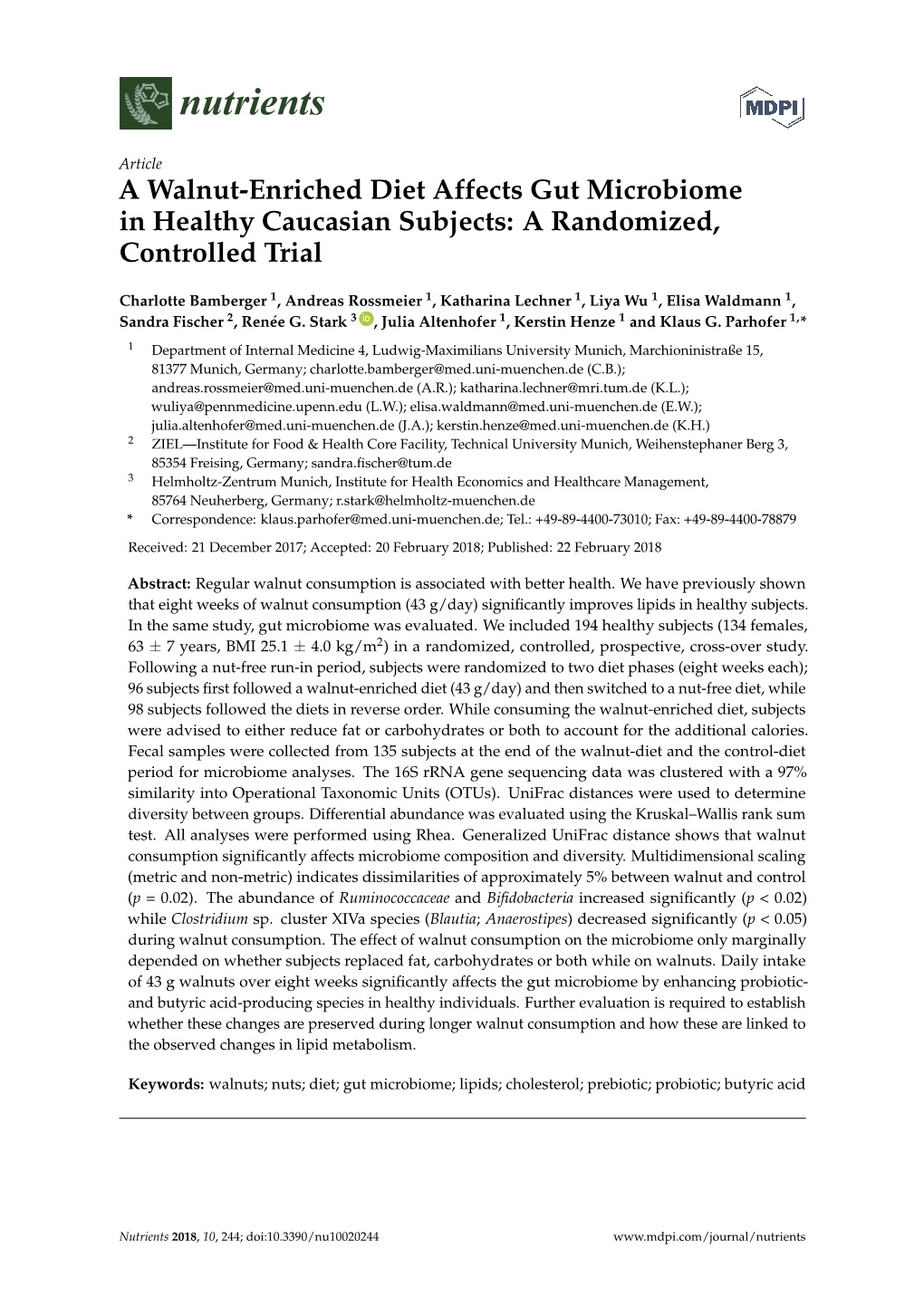 A Walnut-Enriched Diet Affects Gut Microbiome in Healthy Caucasian Subjects: a Randomized, Controlled Trial