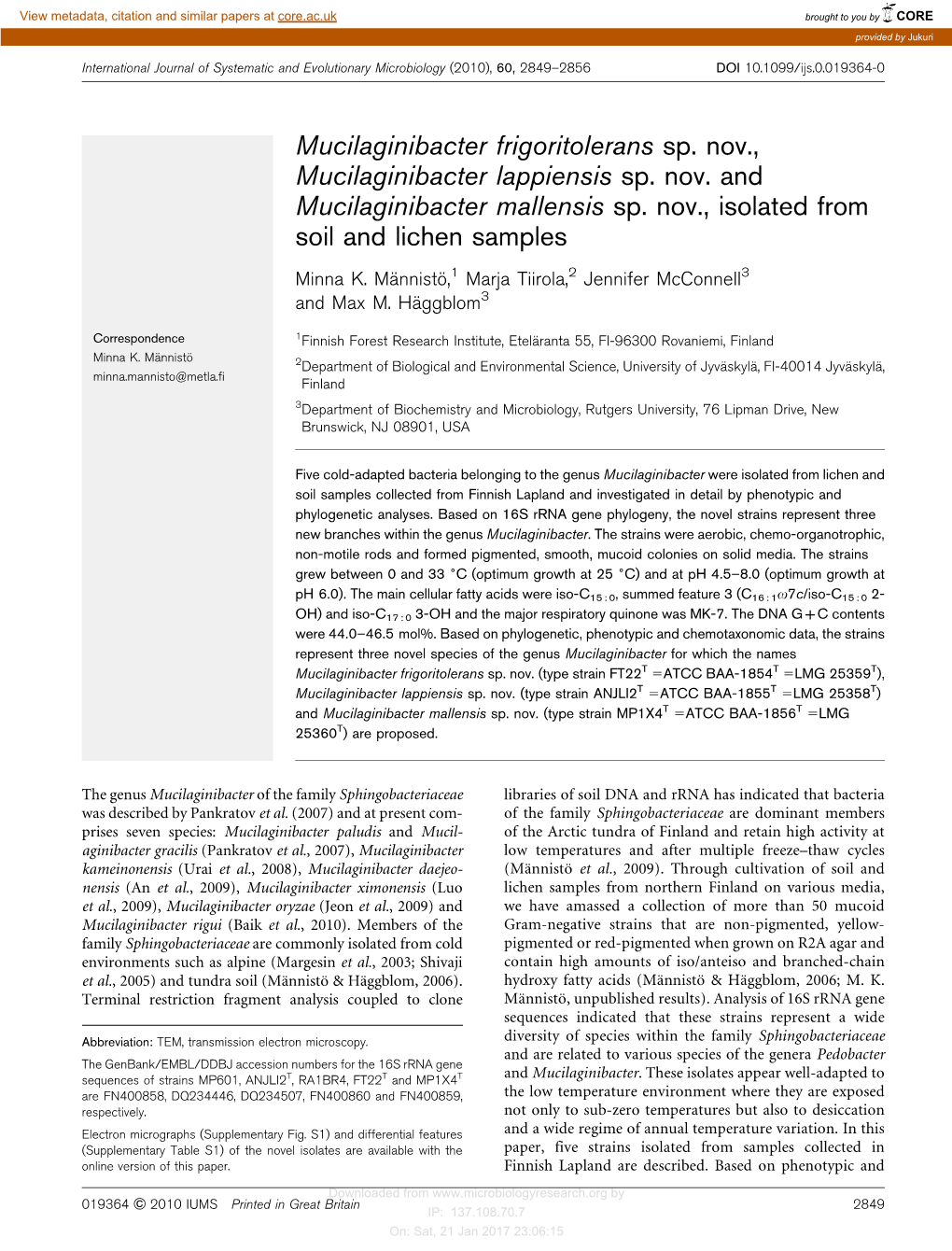 Mucilaginibacter Frigoritolerans Sp. Nov., Mucilaginibacter Lappiensis Sp
