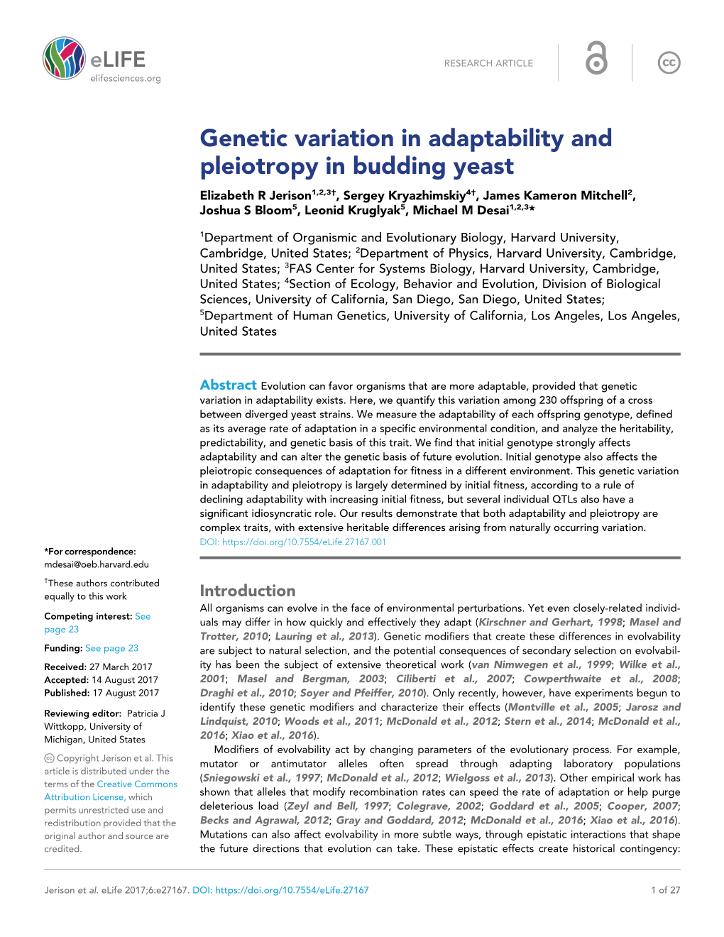 Genetic Variation in Adaptability and Pleiotropy in Budding Yeast
