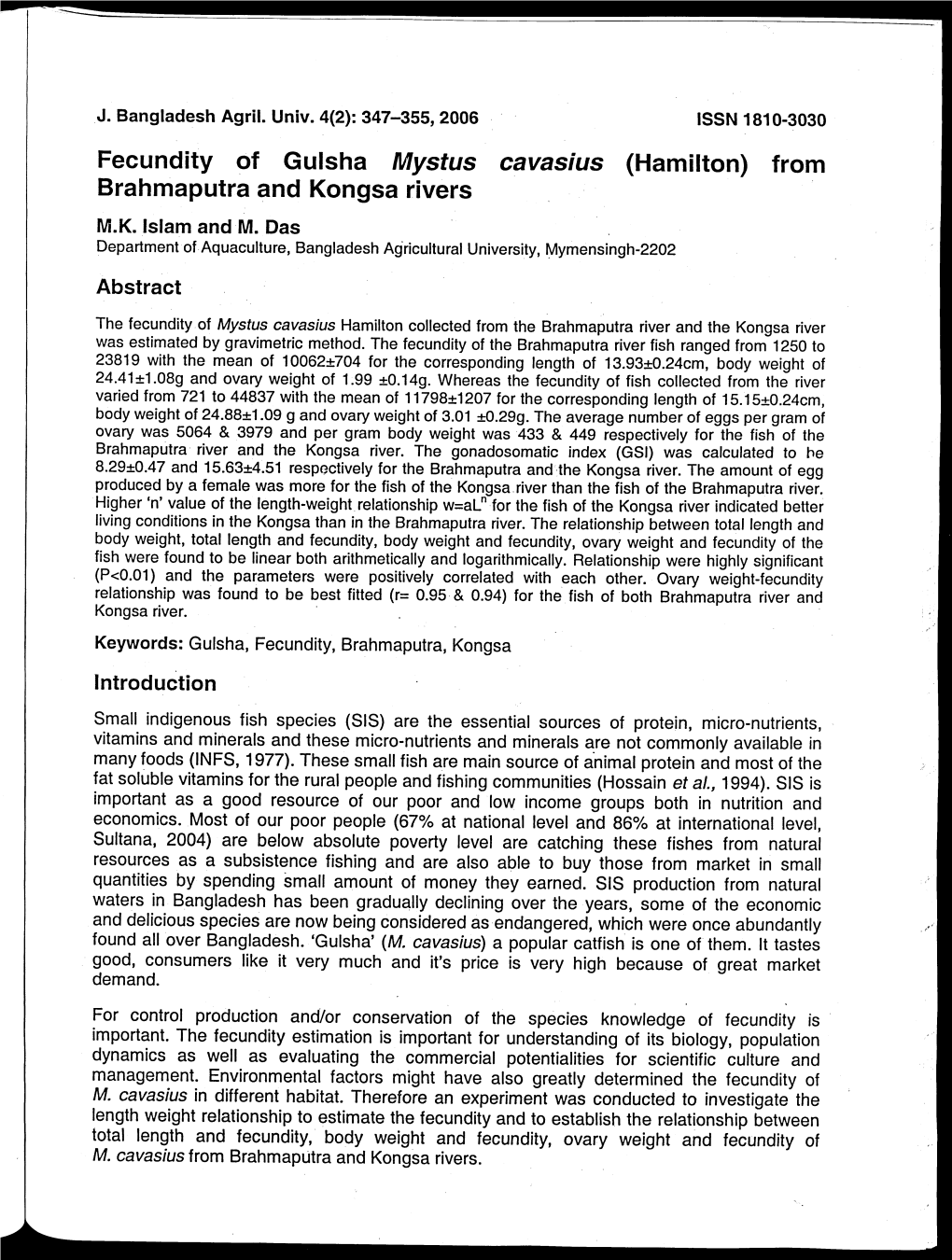 Fecundity of Gulsha Mystus Cavasius (Hamilton) from Brahmaputra and Kongsa Rivers M.K