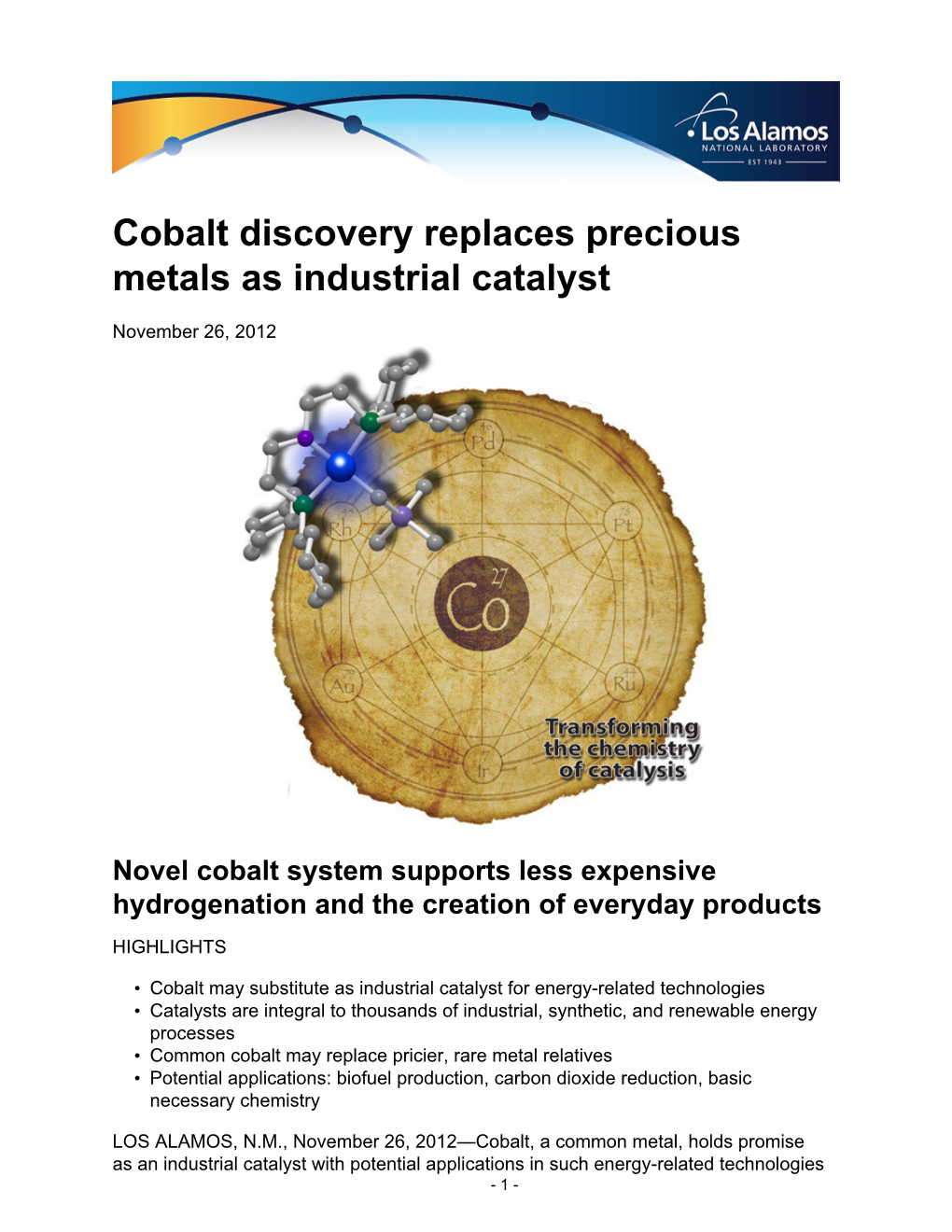 Cobalt Discovery Replaces Precious Metals As Industrial Catalyst