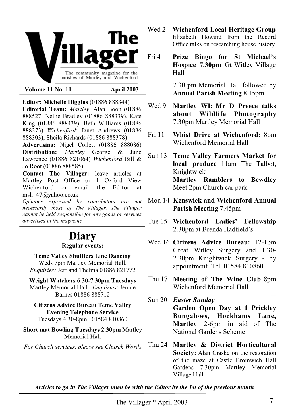 7 the Villager * April 2003 Mon 7 Martley Parish Council Meeting