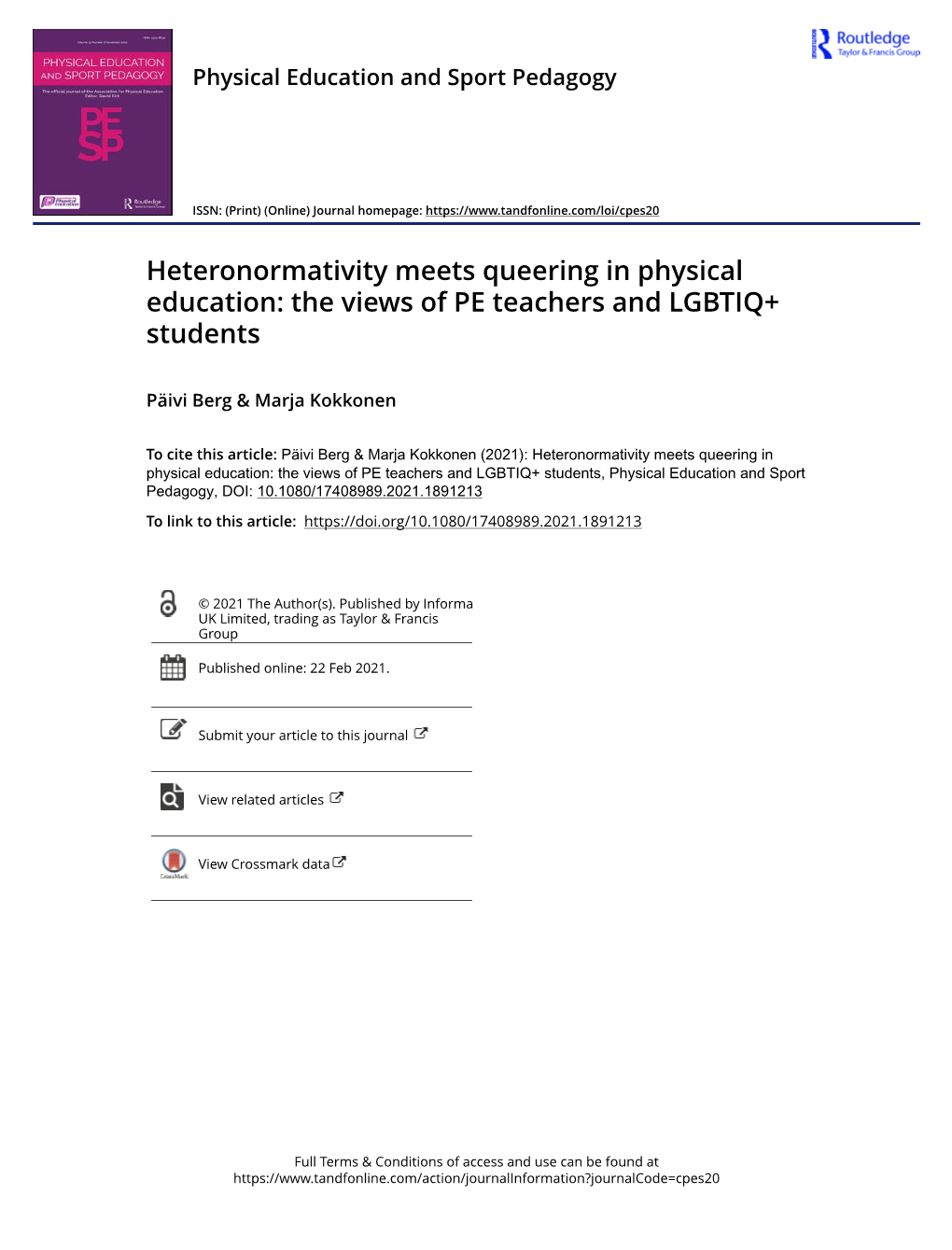 Heteronormativity Meets Queering in Physical Education: the Views of PE Teachers and LGBTIQ+ Students