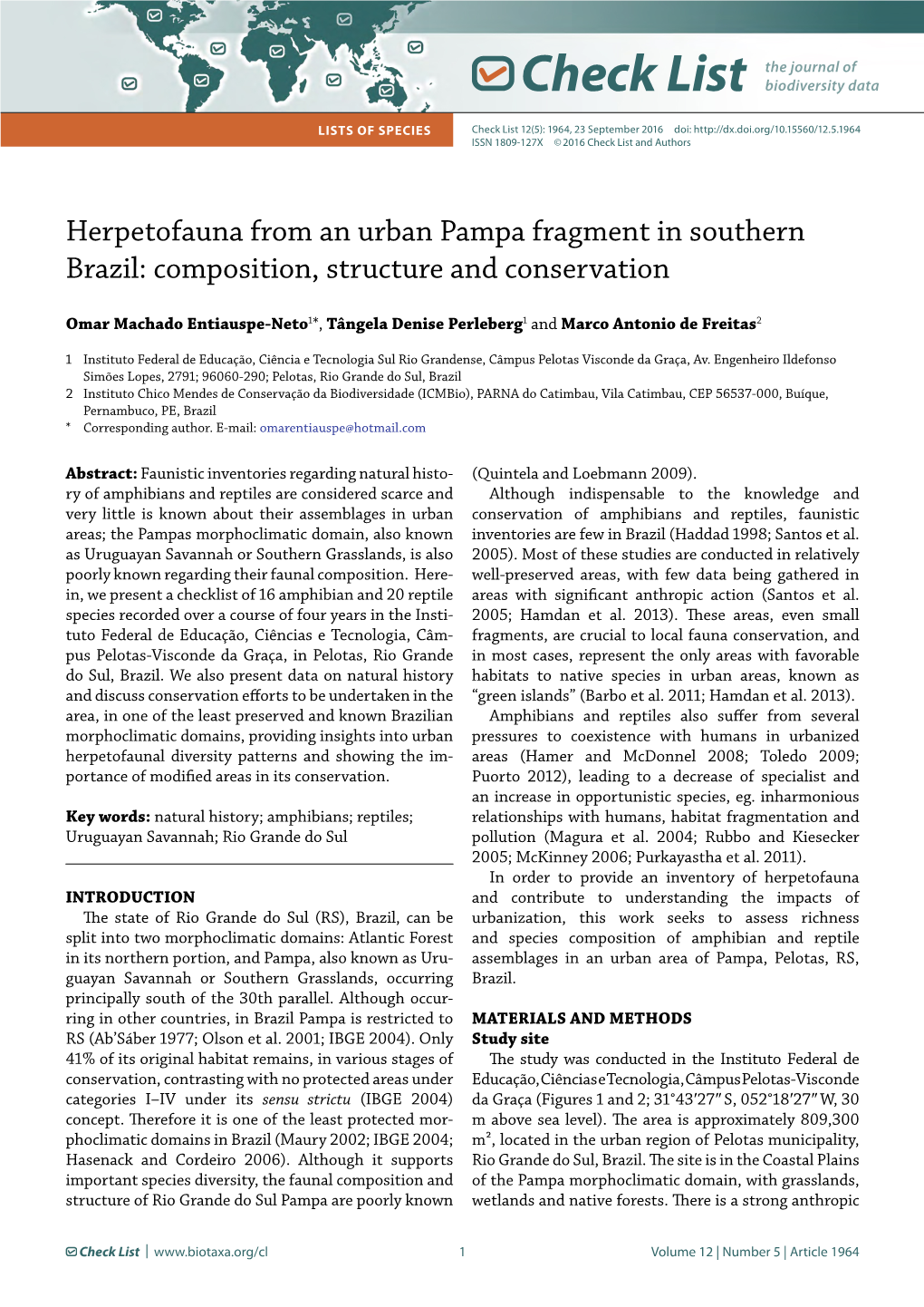 Herpetofauna from an Urban Pampa Fragment in Southern Brazil: Composition, Structure and Conservation