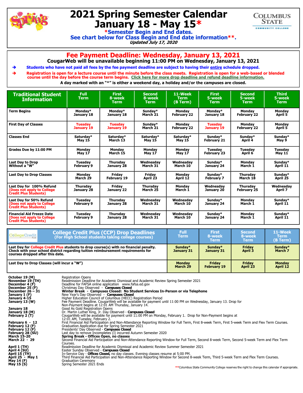 2021 Spring Semester Calendar January 18 - May 15* *Semester Begin and End Dates