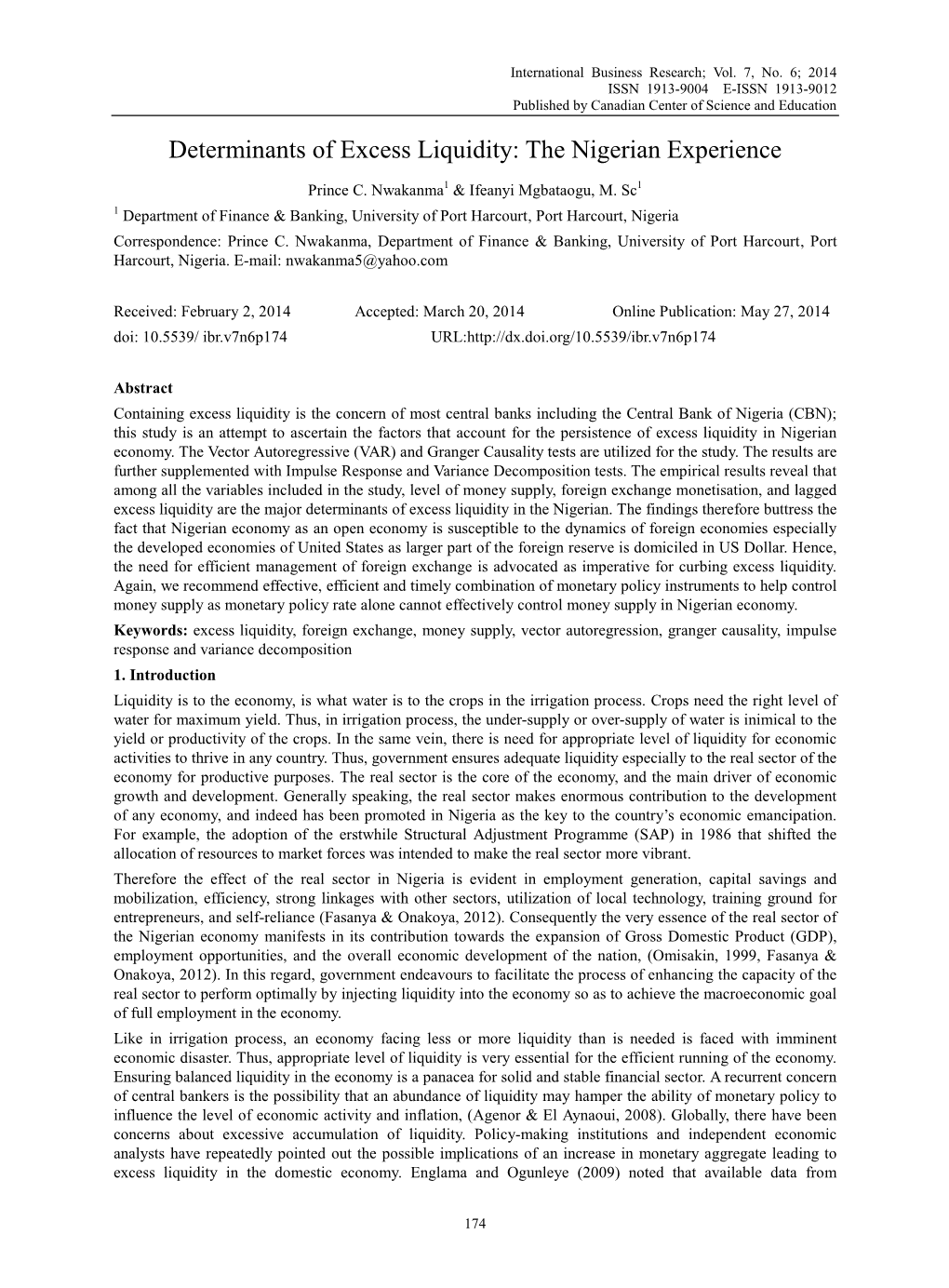 Determinants of Excess Liquidity: the Nigerian Experience