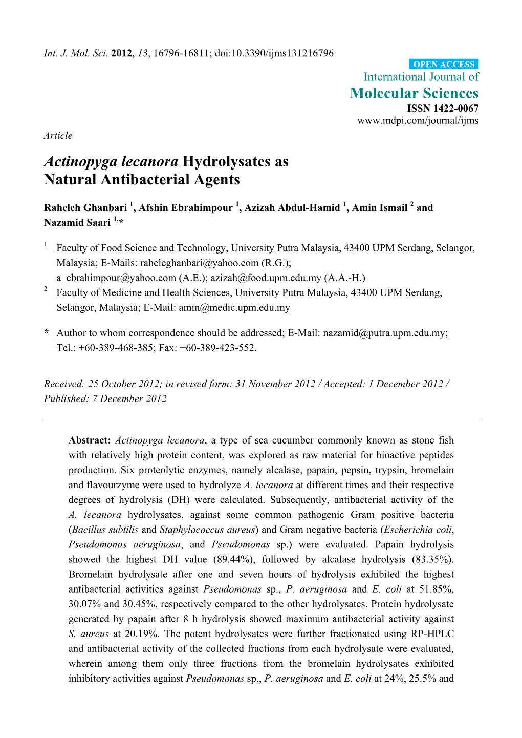 Actinopyga Lecanora Hydrolysates As Natural Antibacterial Agents