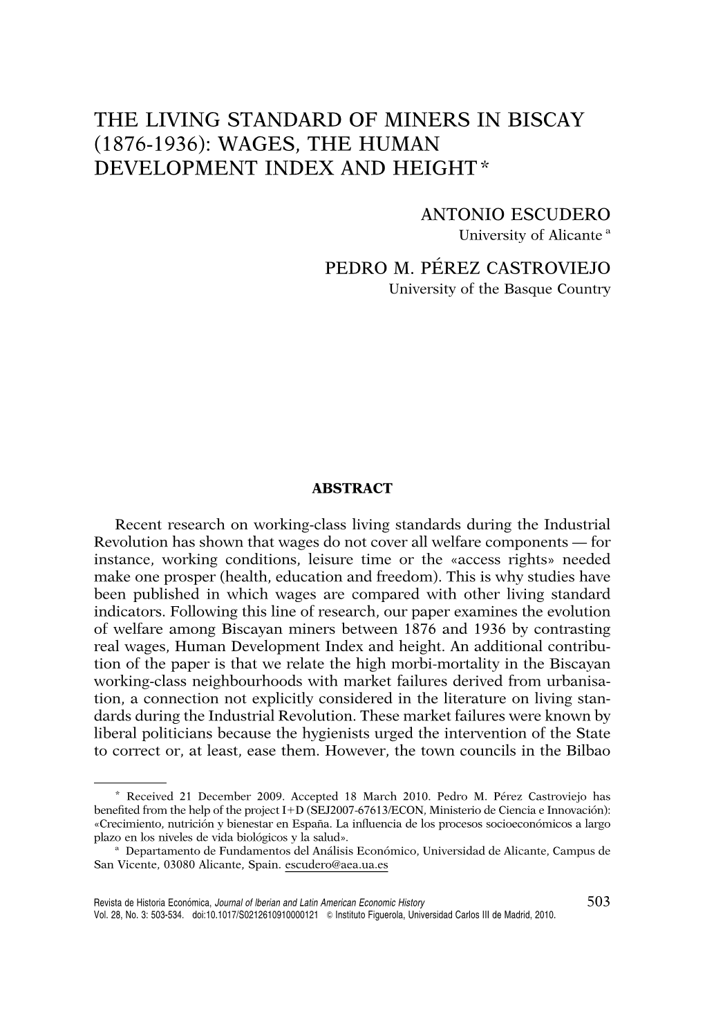 The Living Standard of Miners in Biscay (1876-1936): Wages, the Human Development Index and Height*