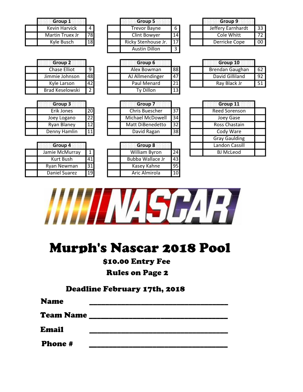 Murph's Nascar 2018 Pool $10.00 Entry Fee Rules on Page 2