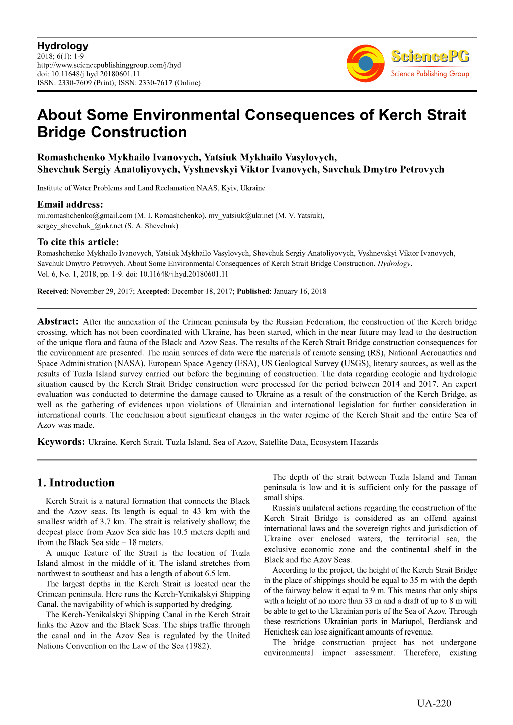 About Some Environmental Consequences of Kerch Strait Bridge Construction