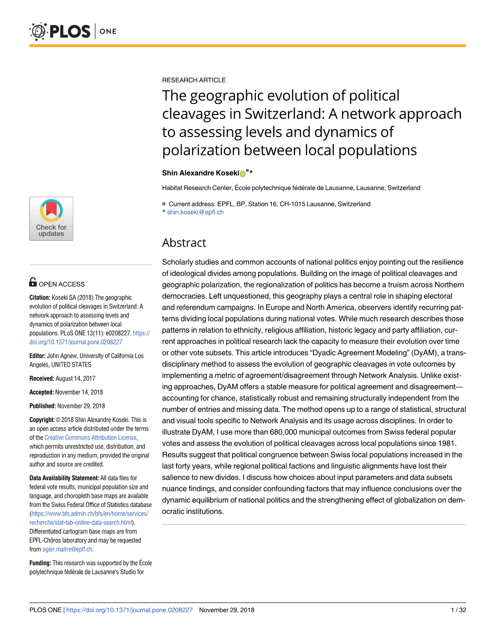 The Geographic Evolution of Political Cleavages in Switzerland: a Network Approach to Assessing Levels and Dynamics of Polarization Between Local Populations