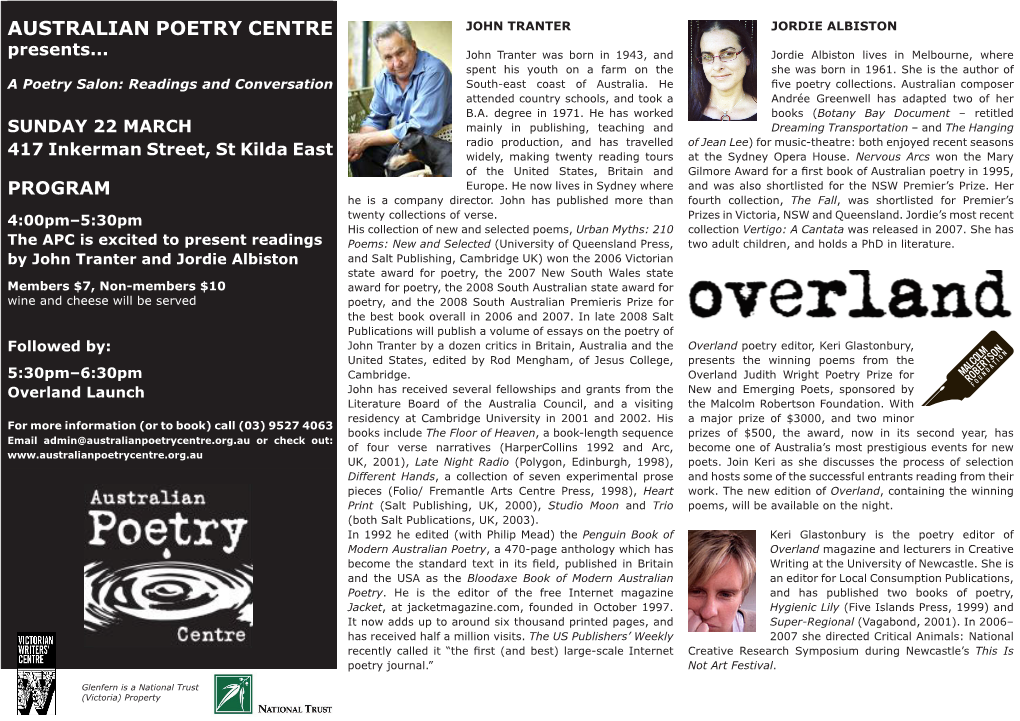 AUSTRALIAN POETRY CENTRE JOHN TRANTER JORDIE ALBISTON Presents