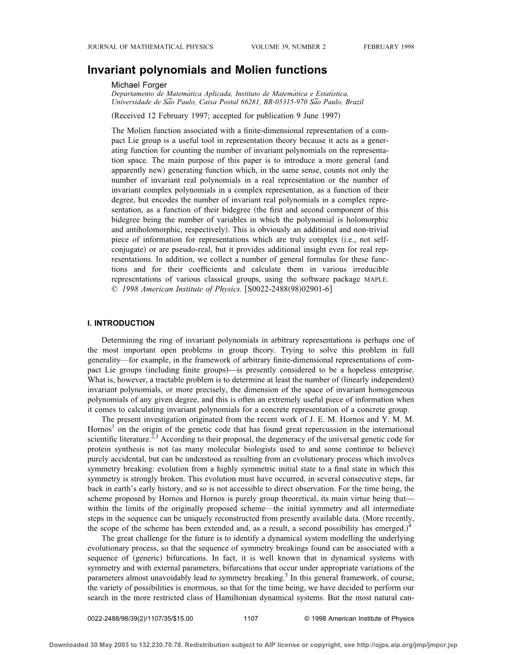 Invariant Polynomials and Molien Functions