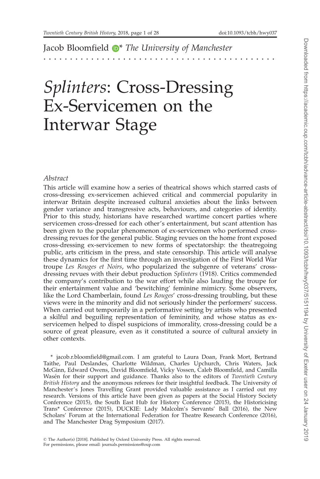 Splinters: Cross-Dressing Ex-Servicemen on the Interwar Stage