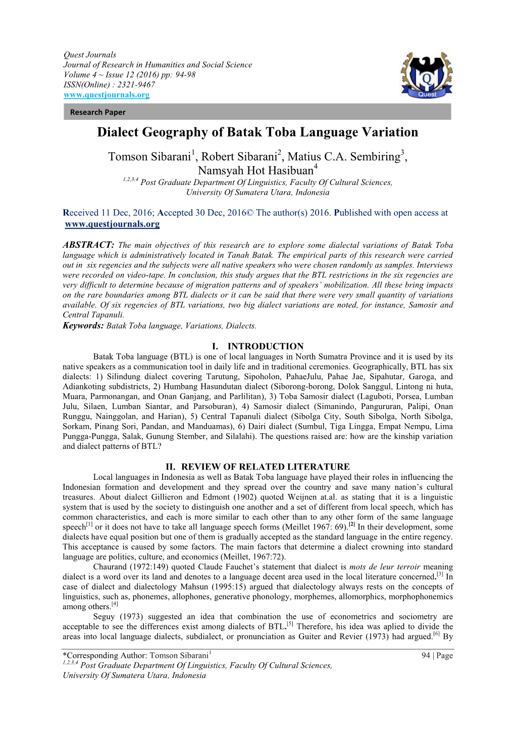 Dialect Geography of Batak Toba Language Variation