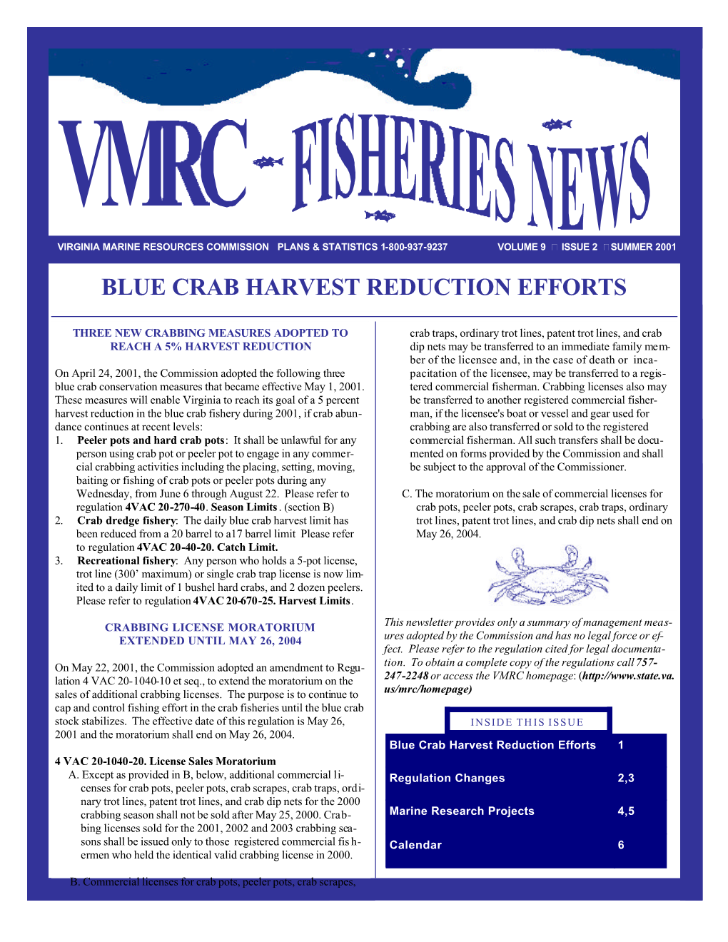 Blue Crab Harvest Reduction Efforts