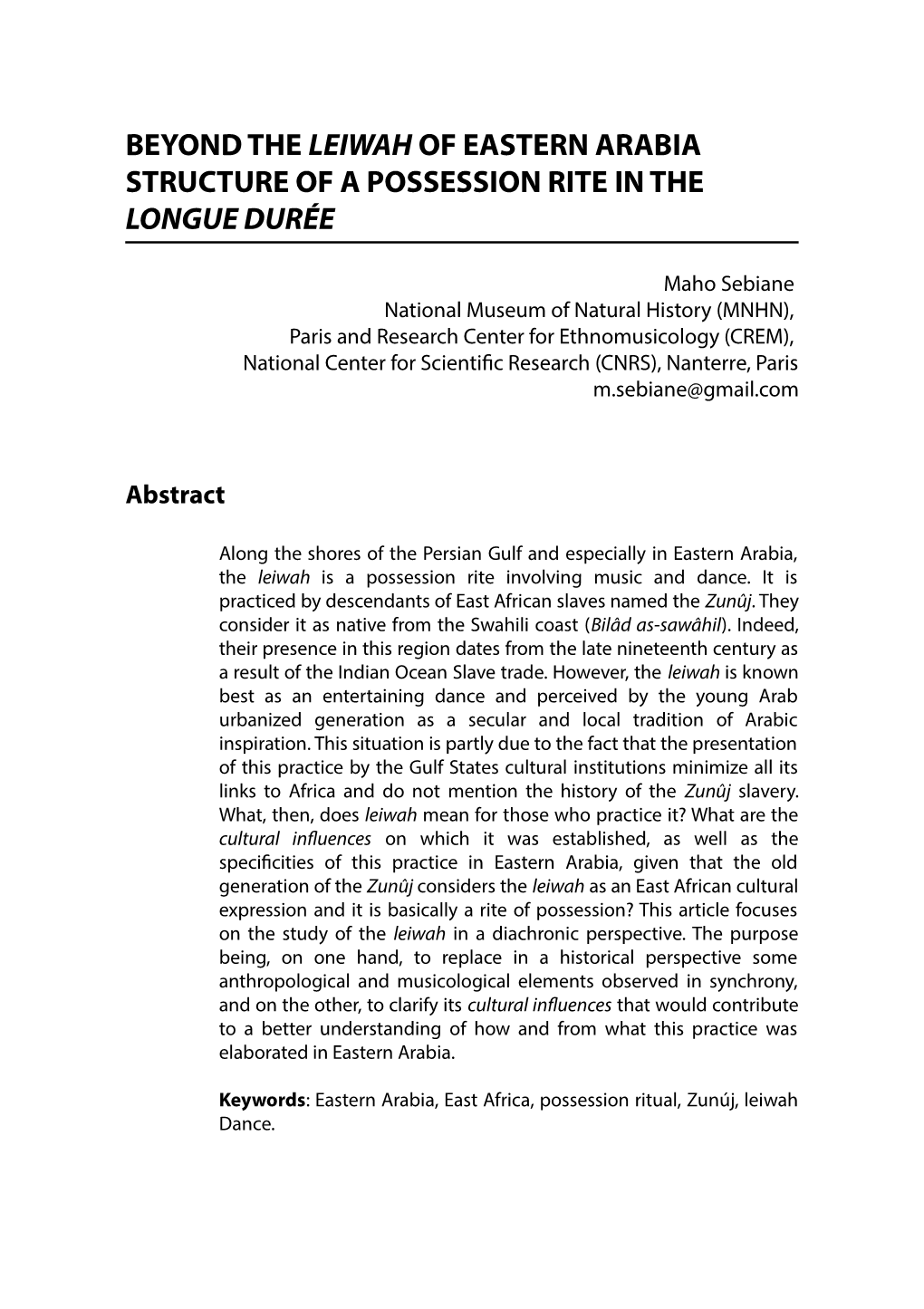 Beyond the Leiwah of Eastern Arabia Structure of a Possession Rite in the Longue Durée