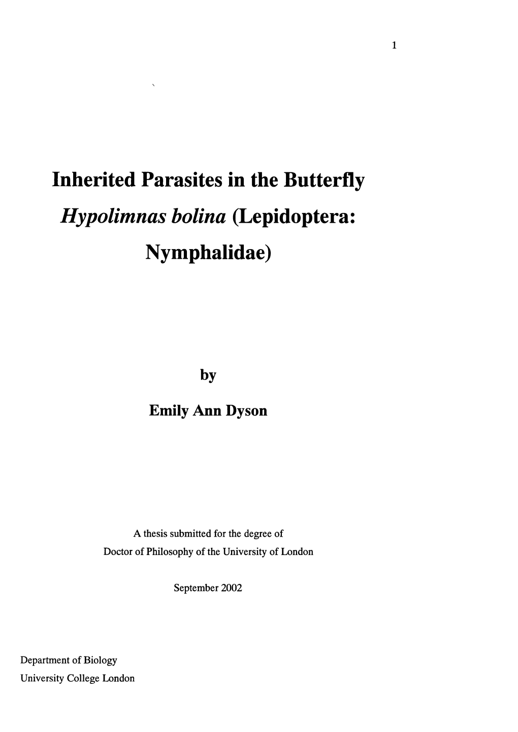 Inherited Parasites in the Butterfly Hypolimnas Bolina (Lepidoptera: Nymphalidae)