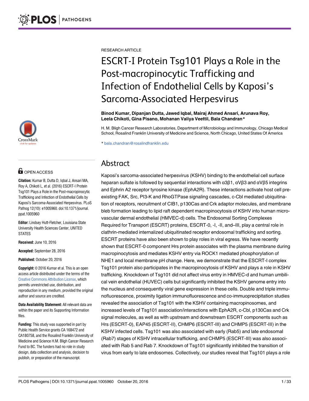 ESCRT-I Protein Tsg101 Plays a Role in the Post-Macropinocytic Trafficking and Infection of Endothelial Cells by Kaposi’S Sarcoma-Associated Herpesvirus
