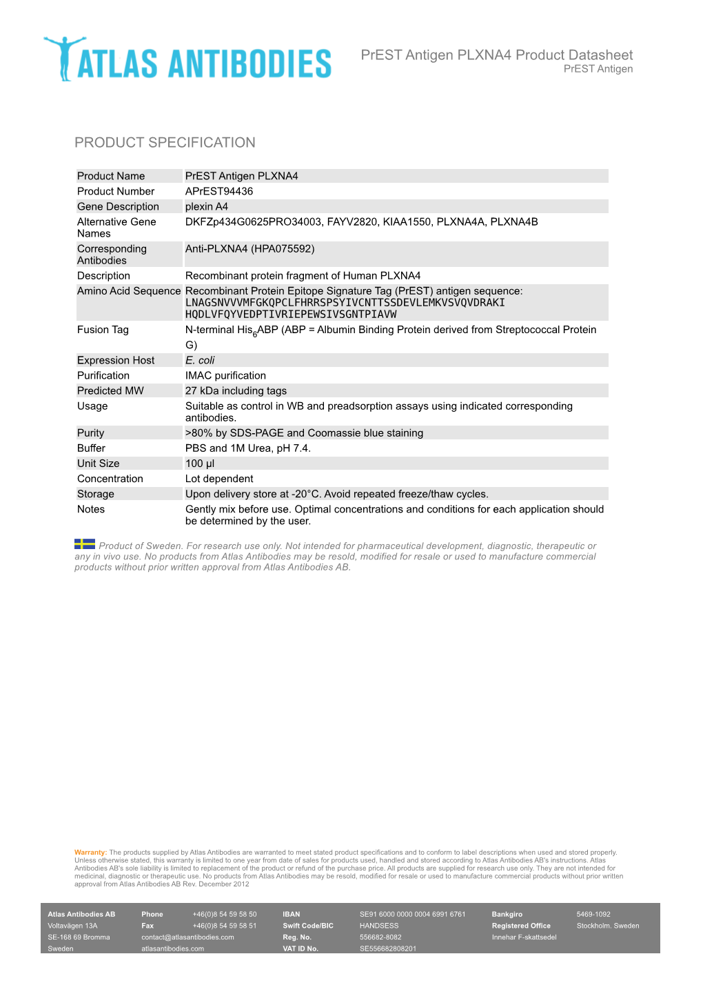 PRODUCT SPECIFICATION Prest Antigen PLXNA4 Product Datasheet