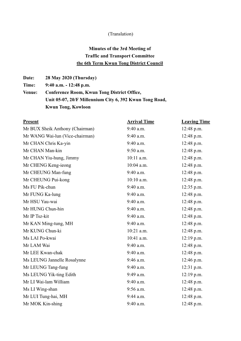 Minutes of the 3Rd Meeting of Traffic and Transport Committee the 6Th Term Kwun Tong District Council